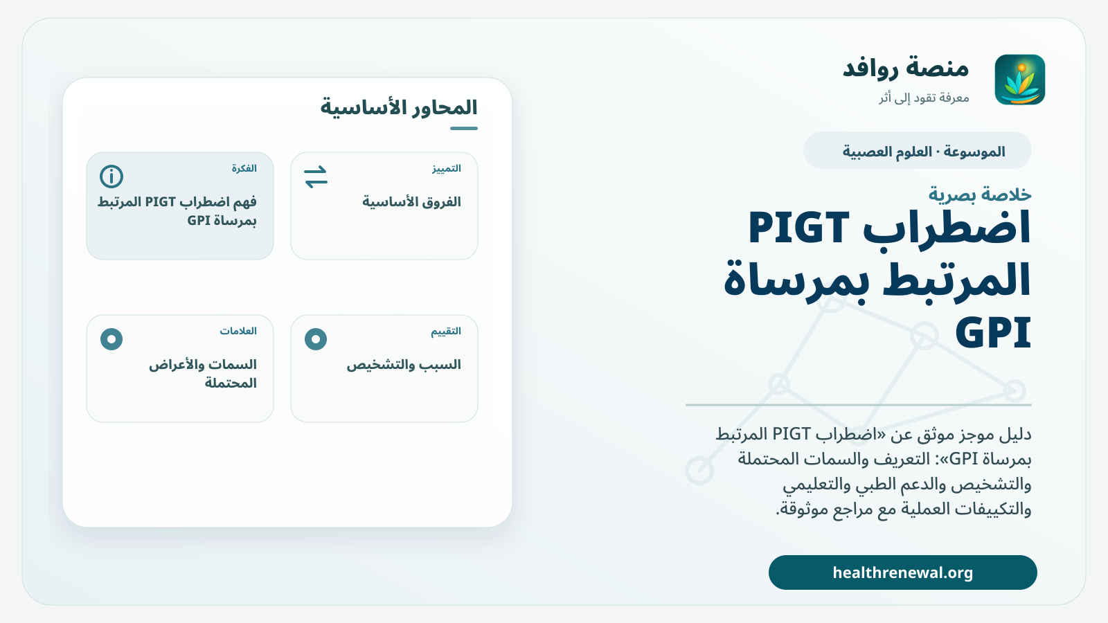 صورة بارزة من منصة روافد تلخص «اضطراب PIGT المرتبط بمرساة GPI» بصريًا وفق محاور الصفحة الأساسية
