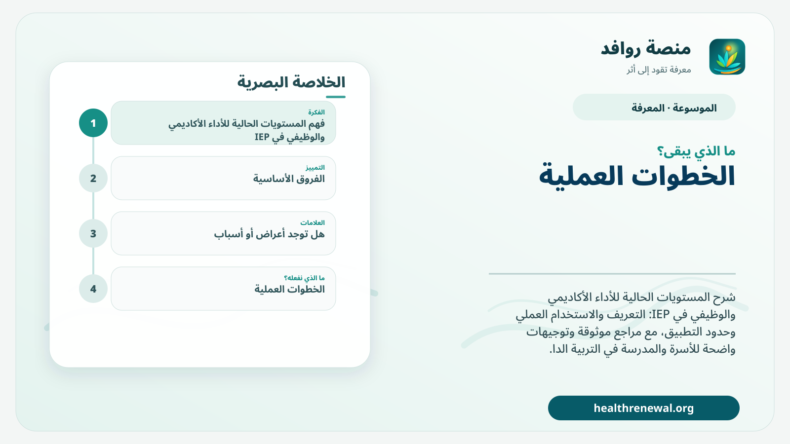 مخطط ختامي من منصة روافد يلخص «المستويات الحالية للأداء الأكاديمي والوظيفي في IEP» ويعرض أهم المحاور والخطوات التالية