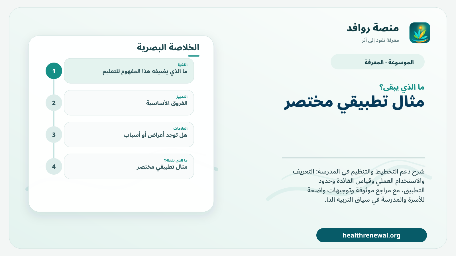 مخطط ختامي من منصة روافد يلخص «دعم التخطيط والتنظيم في المدرسة» ويعرض أهم المحاور والخطوات التالية
