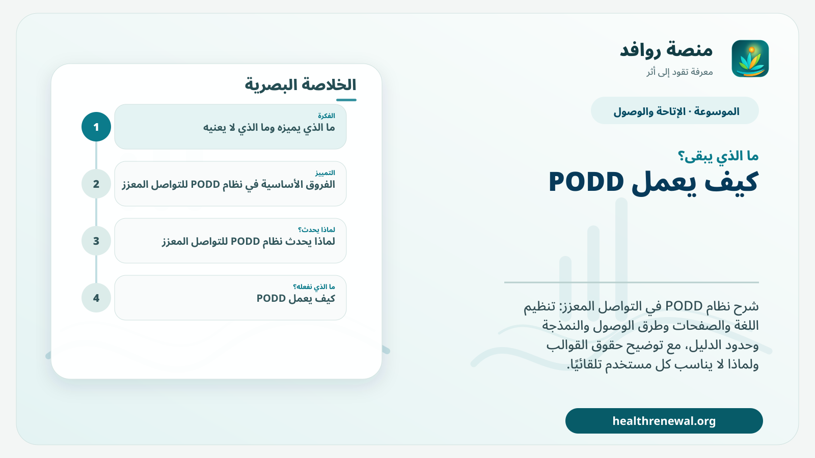 مخطط ختامي من منصة روافد يلخص «نظام PODD للتواصل المعزز» ويعرض أهم المحاور والخطوات التالية