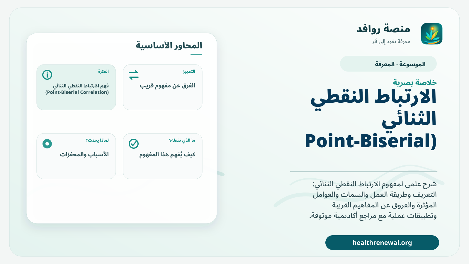 صورة بارزة من منصة روافد تلخص «الارتباط النقطي الثنائي (Point-Biserial Correlation)» بصريًا وفق محاور الصفحة الأساسية