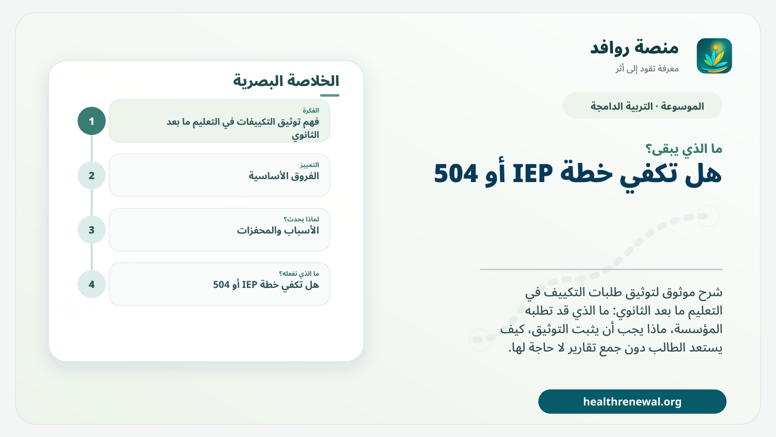 مخطط ختامي من منصة روافد يلخص «توثيق التكييفات في التعليم ما بعد الثانوي» ويعرض أهم المحاور والخطوات التالية