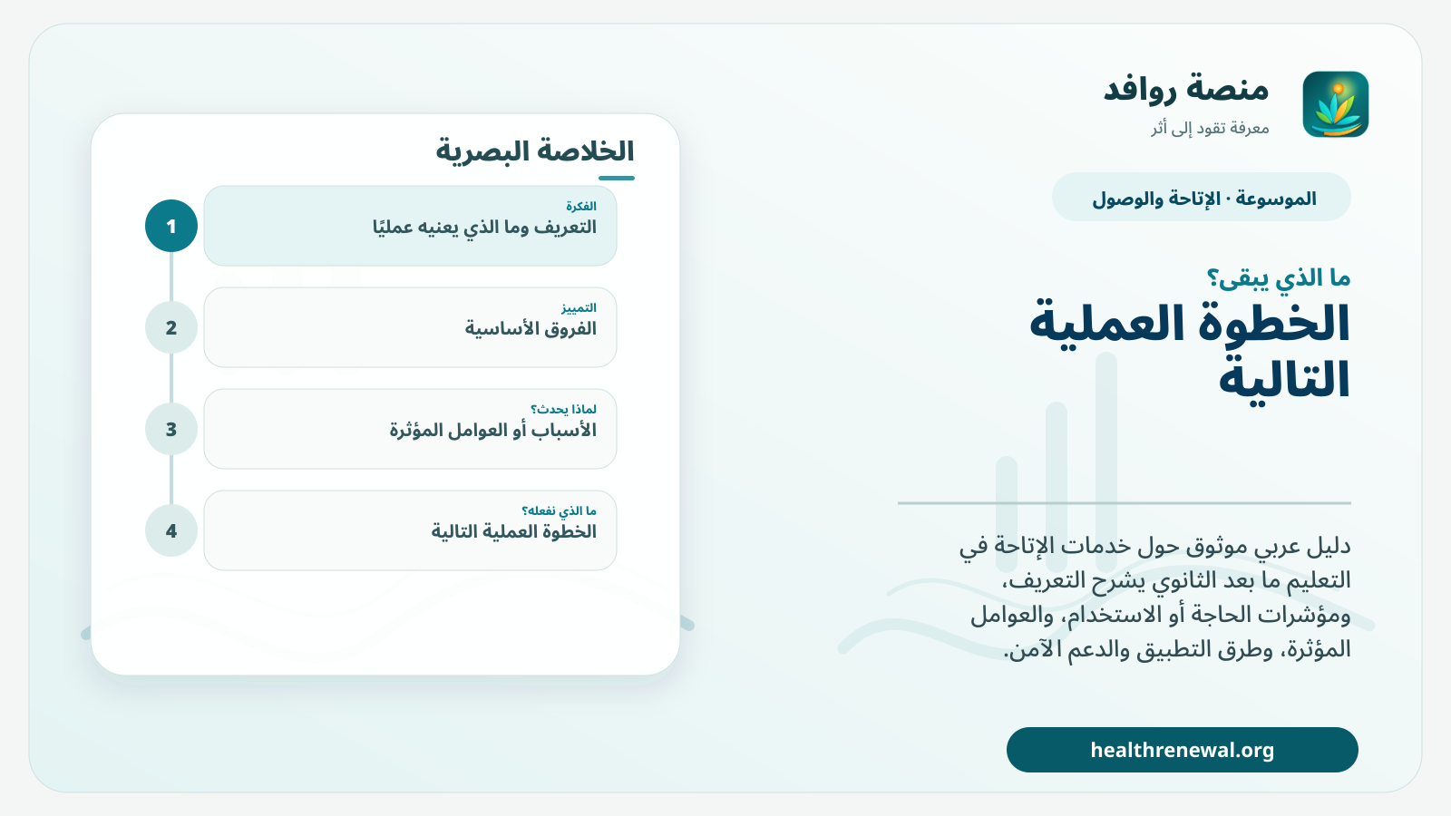 مخطط ختامي من منصة روافد يلخص «خدمات الإتاحة في التعليم ما بعد الثانوي» ويعرض أهم المحاور والخطوات التالية