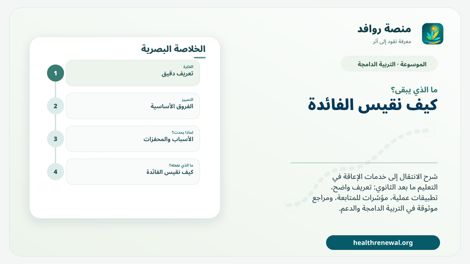 مخطط ختامي من منصة روافد يلخص «الانتقال إلى خدمات الإعاقة في التعليم ما بعد الثانوي» ويعرض أهم المحاور والخطوات التالية