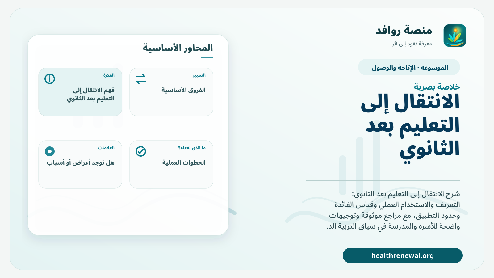صورة بارزة من منصة روافد تلخص «الانتقال إلى التعليم بعد الثانوي» بصريًا وفق محاور الصفحة الأساسية