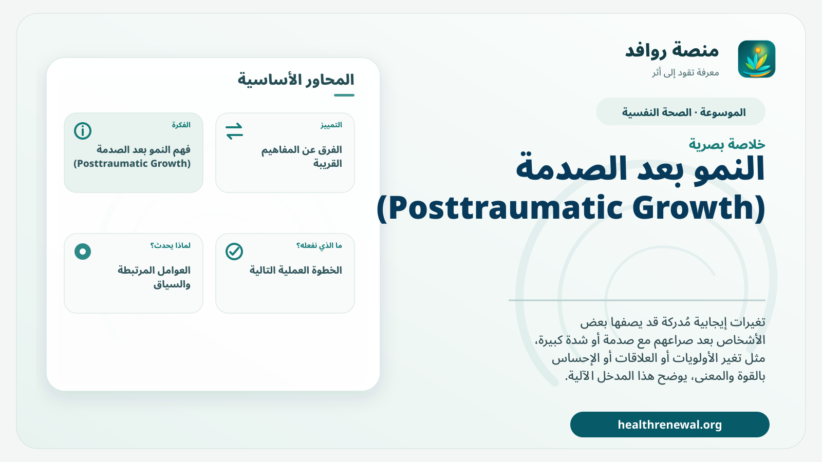صورة بارزة من منصة روافد تلخص «النمو بعد الصدمة (Posttraumatic Growth)» بصريًا وفق محاور الصفحة الأساسية