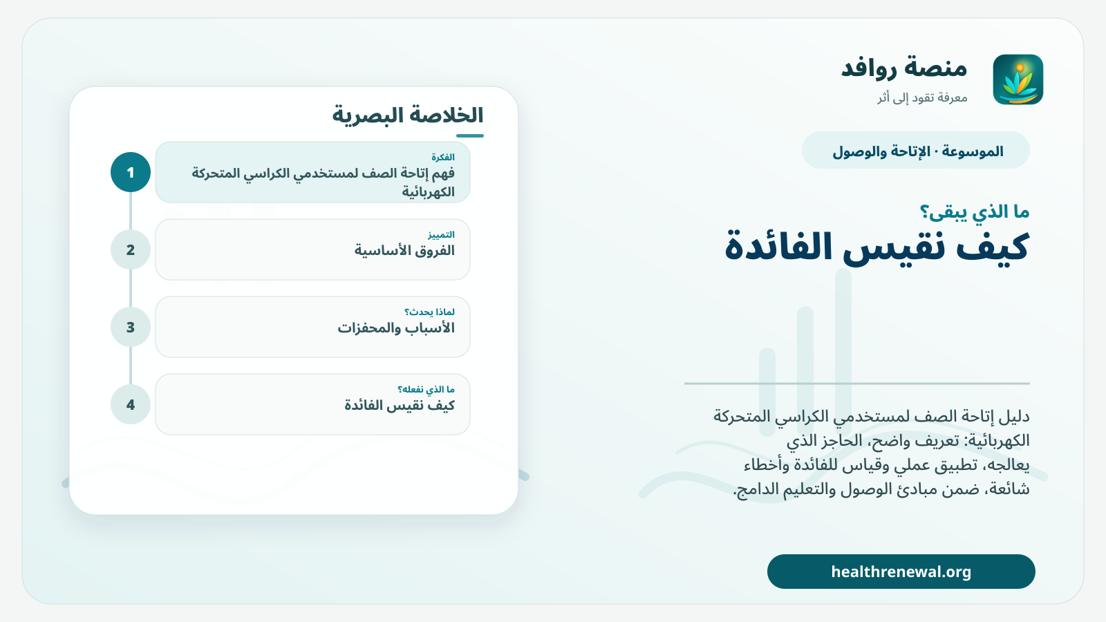 مخطط ختامي من منصة روافد يلخص «إتاحة الصف لمستخدمي الكراسي المتحركة الكهربائية» ويعرض أهم المحاور والخطوات التالية