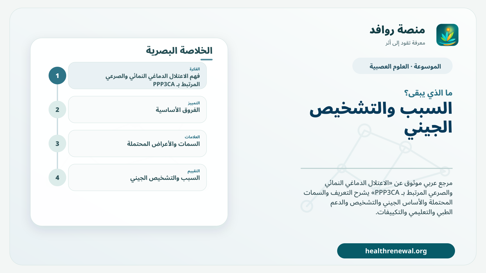 مخطط ختامي من منصة روافد يلخص «الاعتلال الدماغي النمائي والصرعي المرتبط بـ PPP3CA» ويعرض أهم المحاور والخطوات التالية