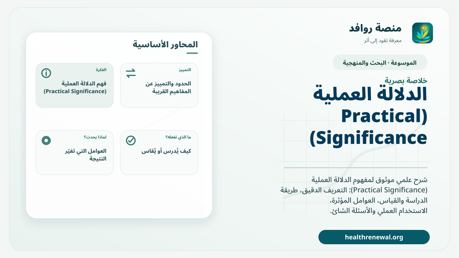 صورة بارزة من منصة روافد تلخص «الدلالة العملية (Practical Significance)» بصريًا وفق محاور الصفحة الأساسية