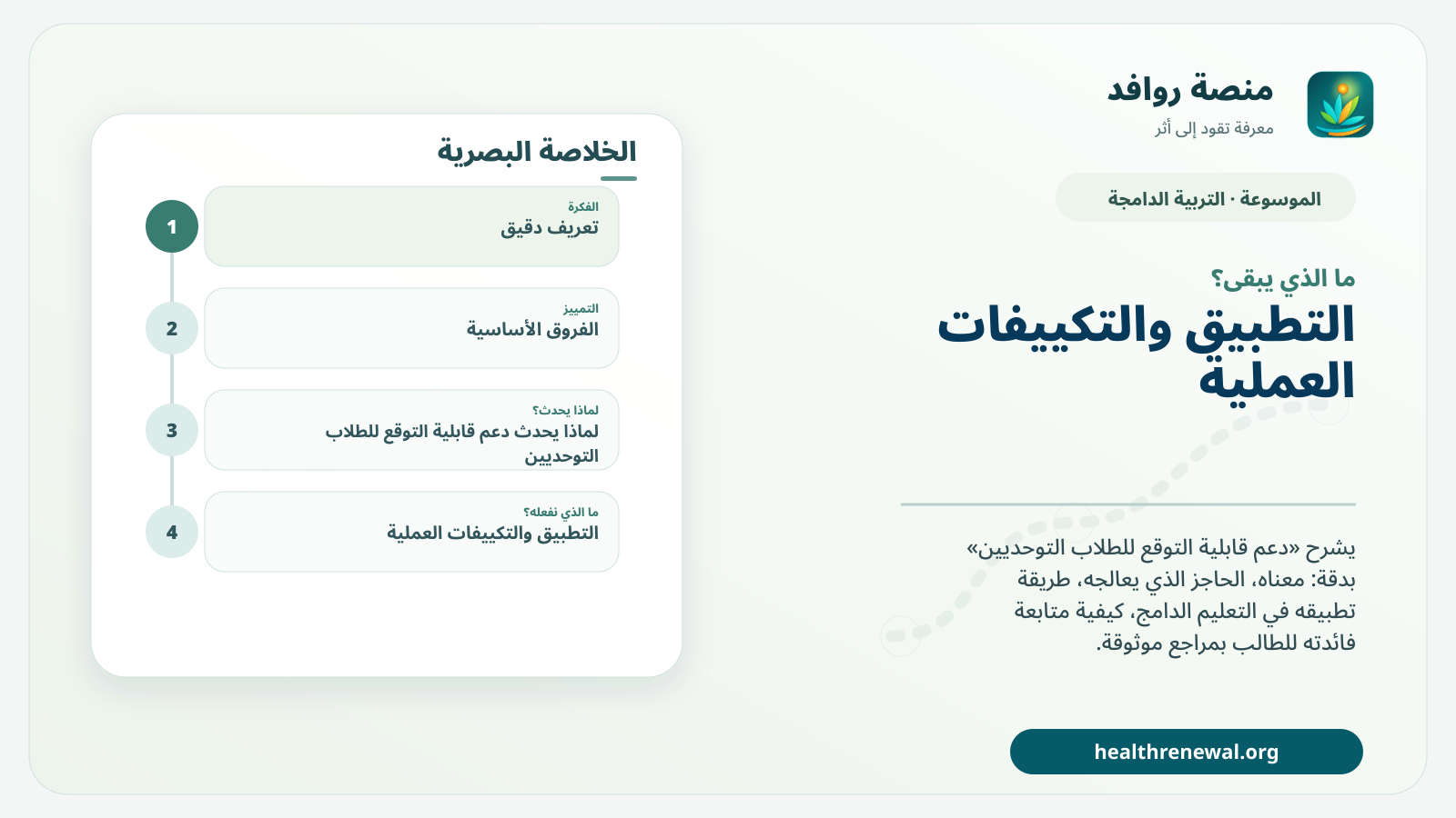 مخطط ختامي من منصة روافد يلخص «دعم قابلية التوقع للطلاب التوحديين» ويعرض أهم المحاور والخطوات التالية