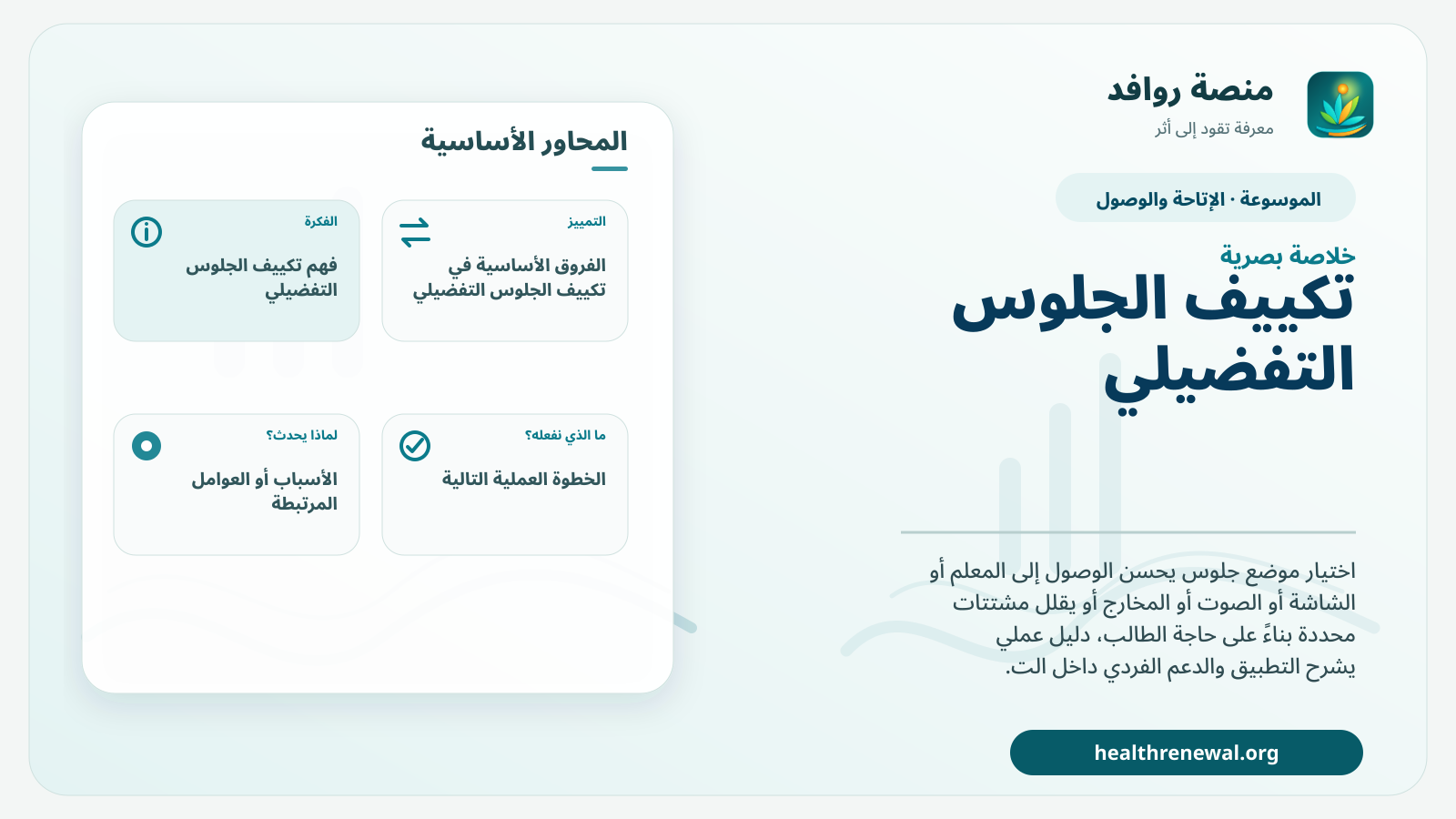 صورة بارزة من منصة روافد تلخص «تكييف الجلوس التفضيلي» بصريًا وفق محاور الصفحة الأساسية