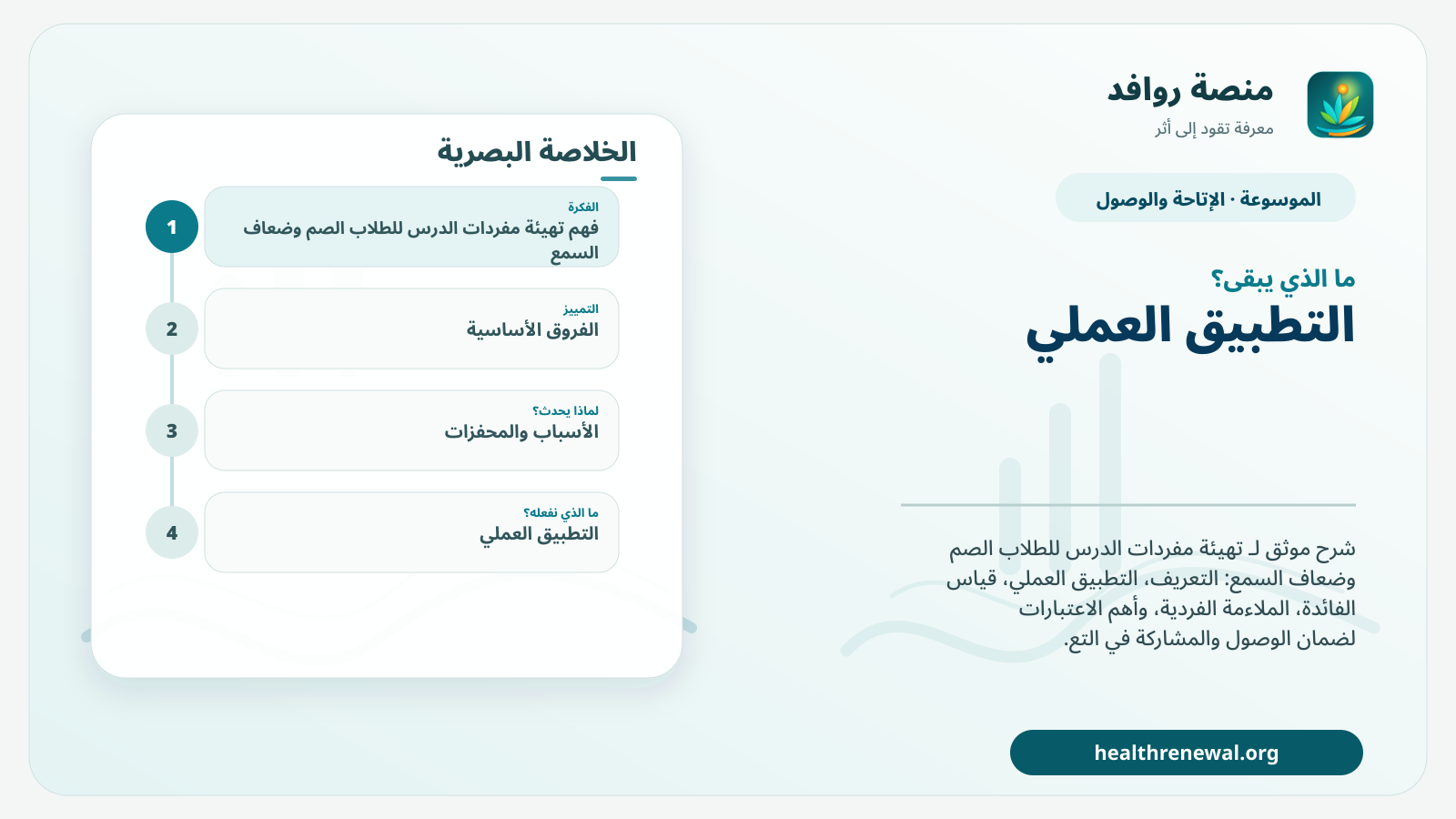 مخطط ختامي من منصة روافد يلخص «تهيئة مفردات الدرس للطلاب الصم وضعاف السمع» ويعرض أهم المحاور والخطوات التالية