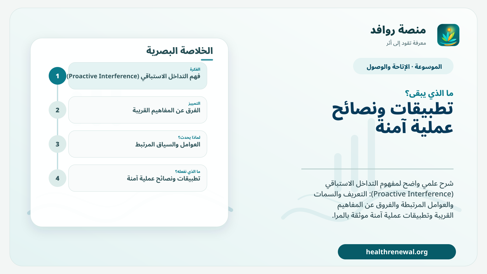 مخطط ختامي من منصة روافد يلخص «التداخل الاستباقي (Proactive Interference)» ويعرض أهم المحاور والخطوات التالية