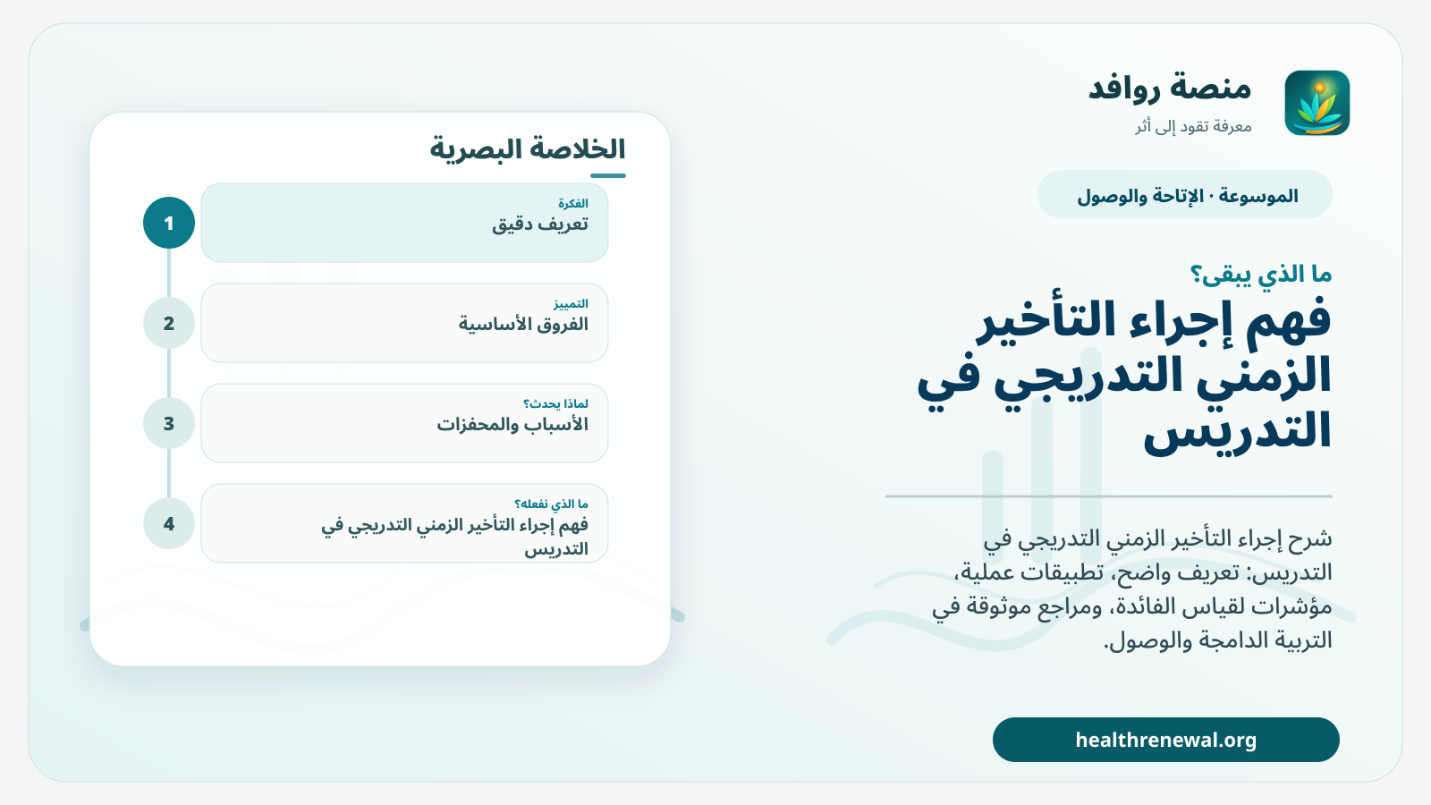 مخطط ختامي من منصة روافد يلخص «إجراء التأخير الزمني التدريجي في التدريس» ويعرض أهم المحاور والخطوات التالية