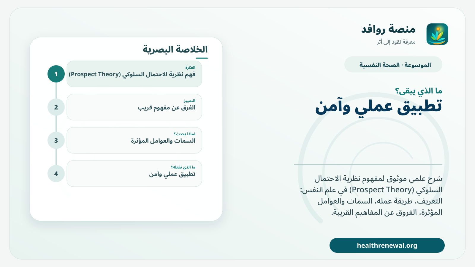 مخطط ختامي من منصة روافد يلخص «نظرية الاحتمال السلوكي (Prospect Theory)» ويعرض أهم المحاور والخطوات التالية
