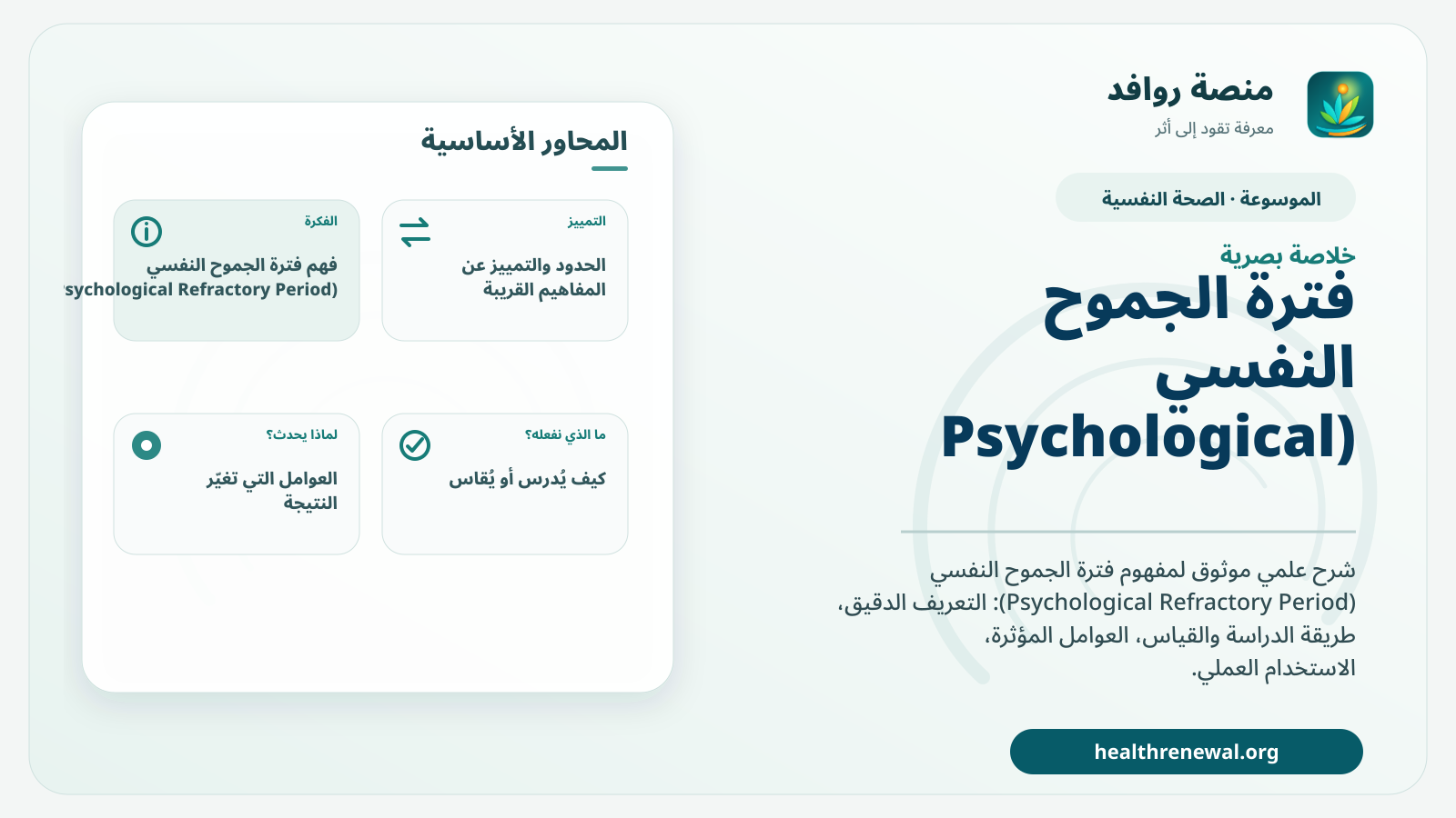 صورة بارزة من منصة روافد تلخص «فترة الجموح النفسي (Psychological Refractory Period)» بصريًا وفق محاور الصفحة الأساسية