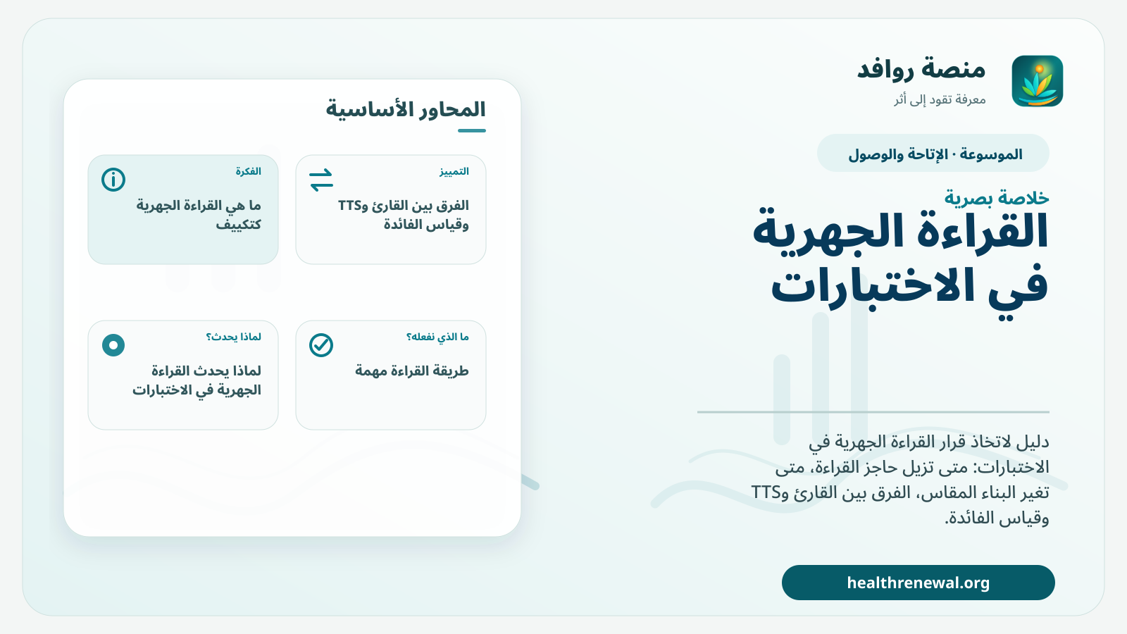 صورة بارزة من منصة روافد تلخص «القراءة الجهرية في الاختبارات: متى تكون تكييفًا صالحًا؟» بصريًا وفق محاور الصفحة الأساسية