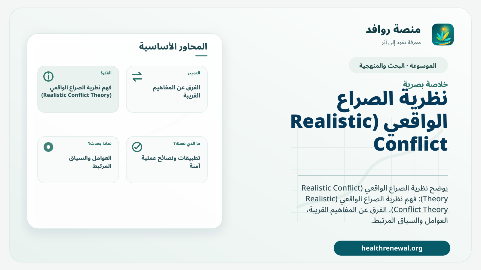 صورة بارزة من منصة روافد تلخص «نظرية الصراع الواقعي (Realistic Conflict Theory)» بصريًا وفق محاور الصفحة الأساسية