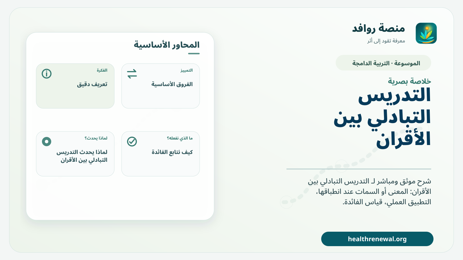 صورة بارزة من منصة روافد تلخص «التدريس التبادلي بين الأقران» بصريًا وفق محاور الصفحة الأساسية