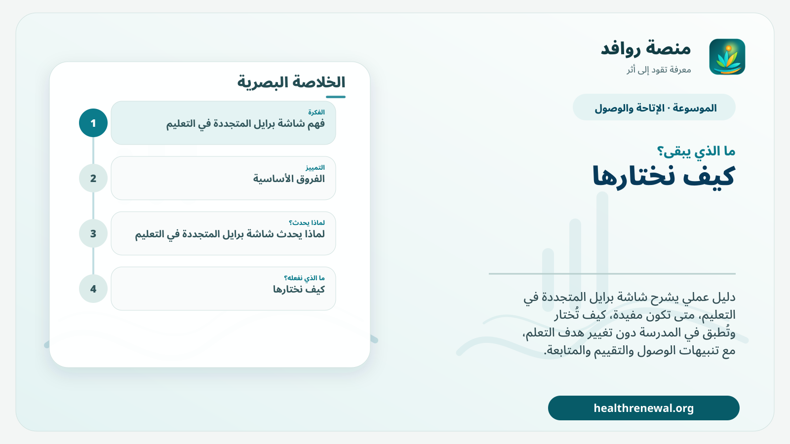 مخطط ختامي من منصة روافد يلخص «شاشة برايل المتجددة في التعليم» ويعرض أهم المحاور والخطوات التالية