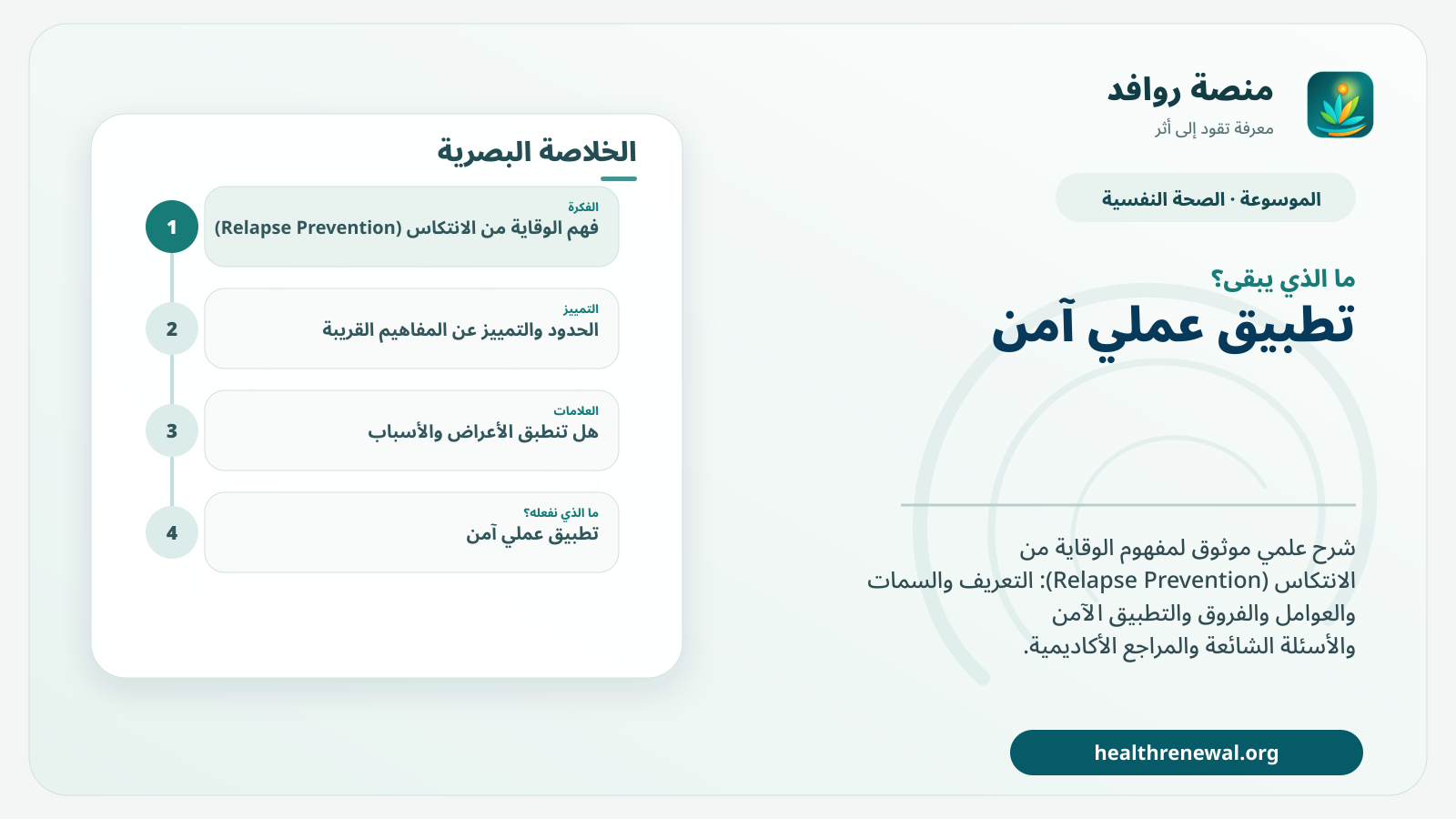 مخطط ختامي من منصة روافد يلخص «الوقاية من الانتكاس (Relapse Prevention)» ويعرض أهم المحاور والخطوات التالية