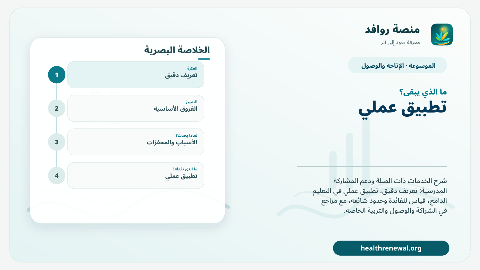 مخطط ختامي من منصة روافد يلخص «الخدمات ذات الصلة ودعم المشاركة المدرسية» ويعرض أهم المحاور والخطوات التالية