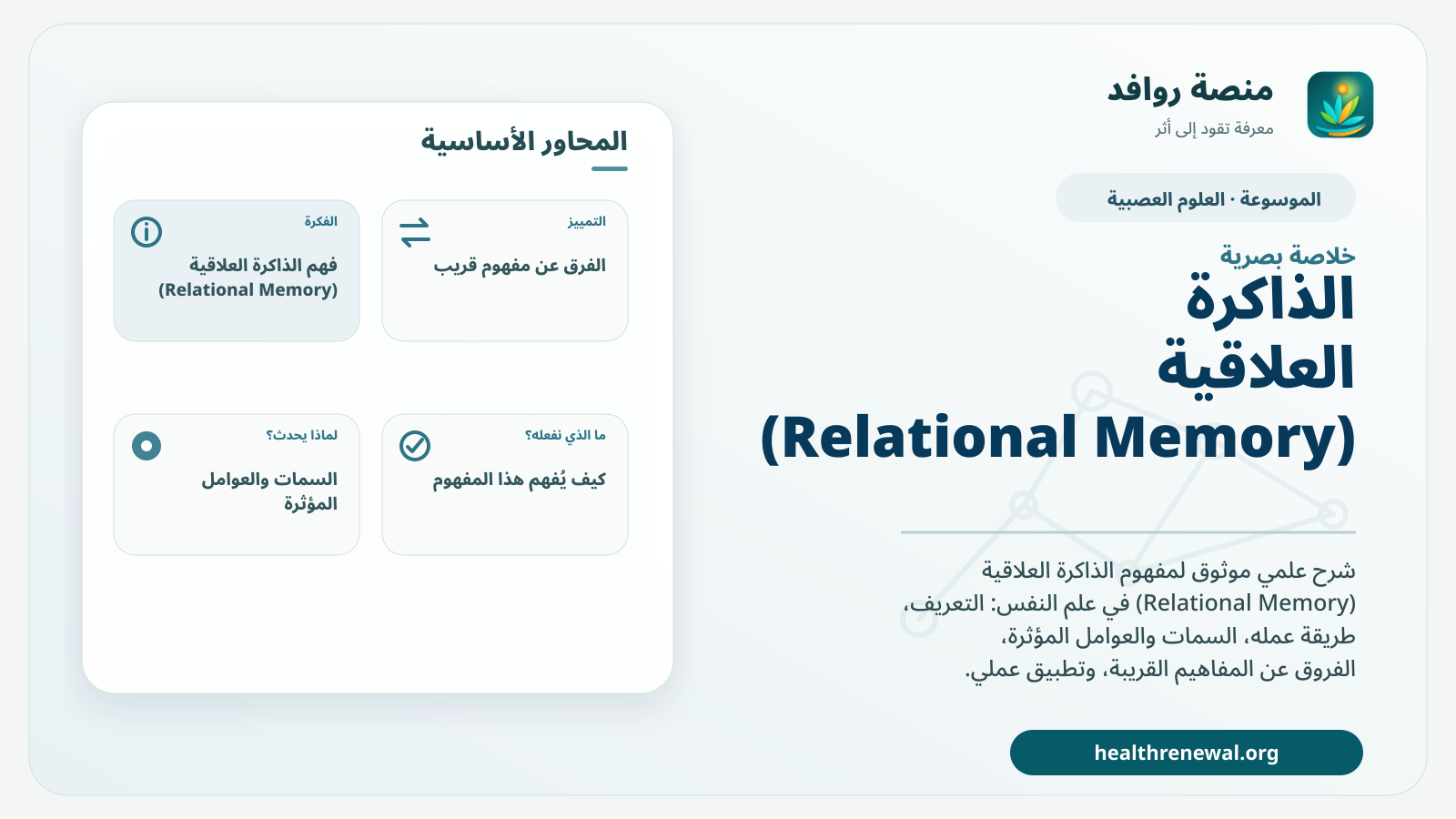 صورة بارزة من منصة روافد تلخص «الذاكرة العلاقية (Relational Memory)» بصريًا وفق محاور الصفحة الأساسية