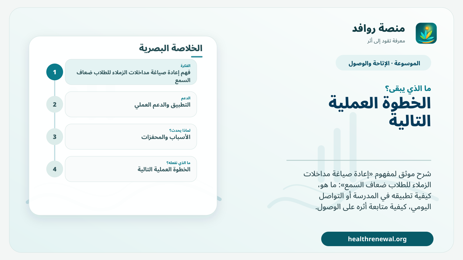 مخطط ختامي من منصة روافد يلخص «إعادة صياغة مداخلات الزملاء للطلاب ضعاف السمع» ويعرض أهم المحاور والخطوات التالية