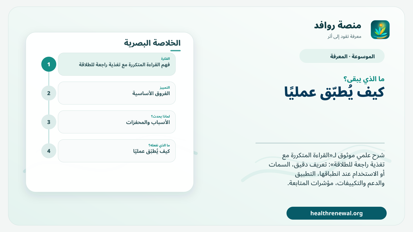 مخطط ختامي من منصة روافد يلخص «القراءة المتكررة مع تغذية راجعة للطلاقة» ويعرض أهم المحاور والخطوات التالية