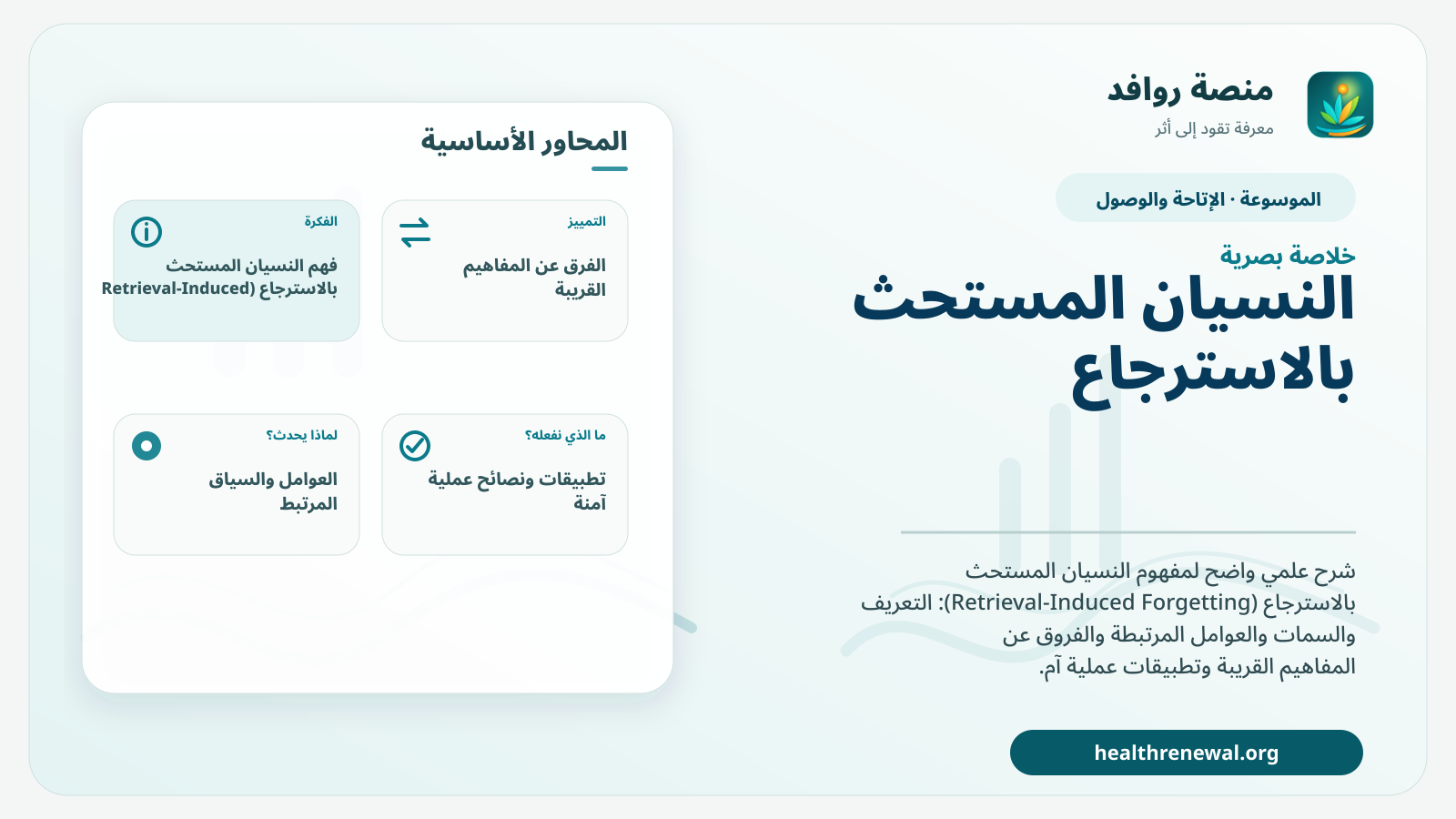 صورة بارزة من منصة روافد تلخص «النسيان المستحث بالاسترجاع (Retrieval-Induced Forgetting)» بصريًا وفق محاور الصفحة الأساسية