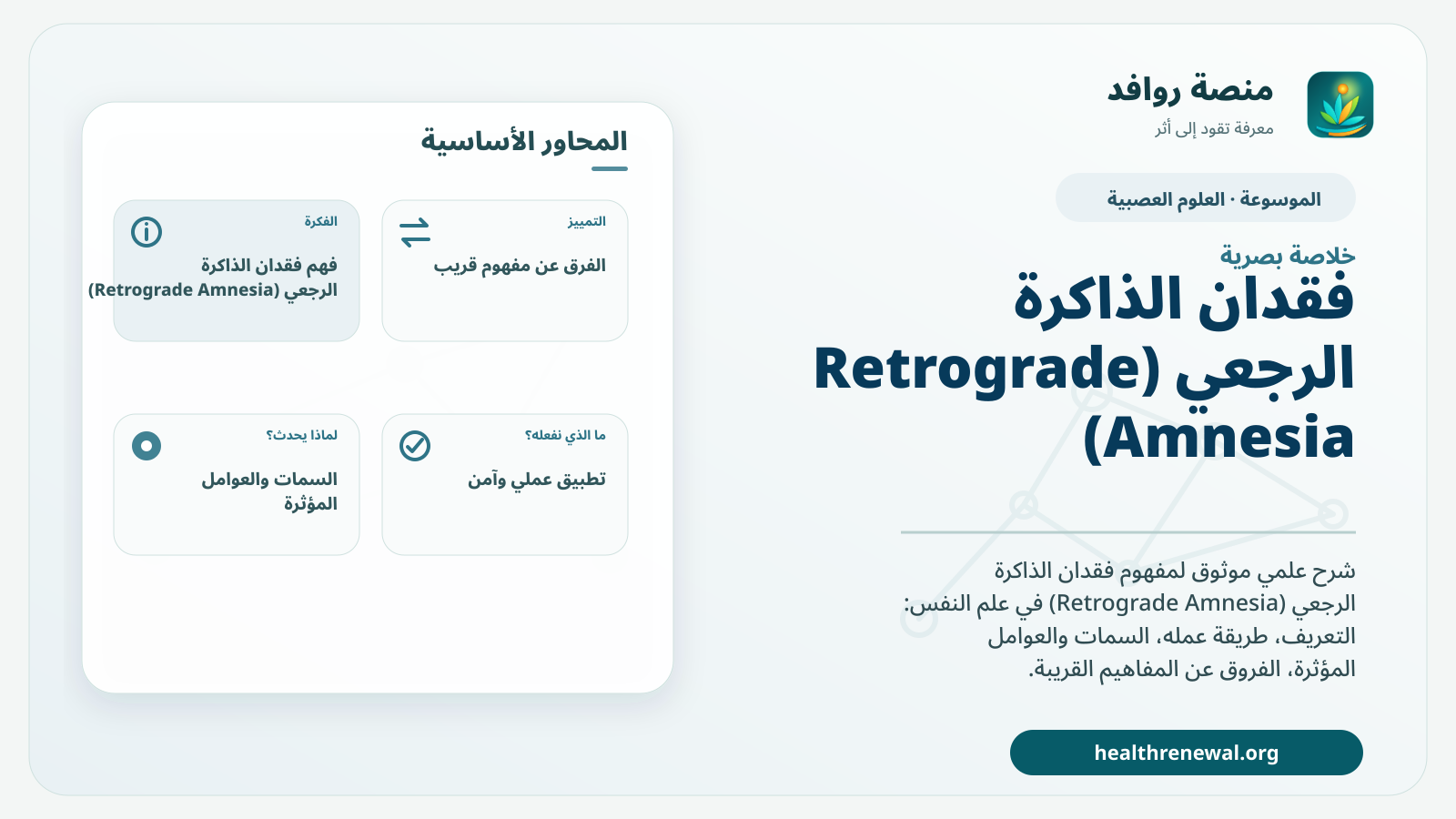 صورة بارزة من منصة روافد تلخص «فقدان الذاكرة الرجعي (Retrograde Amnesia)» بصريًا وفق محاور الصفحة الأساسية
