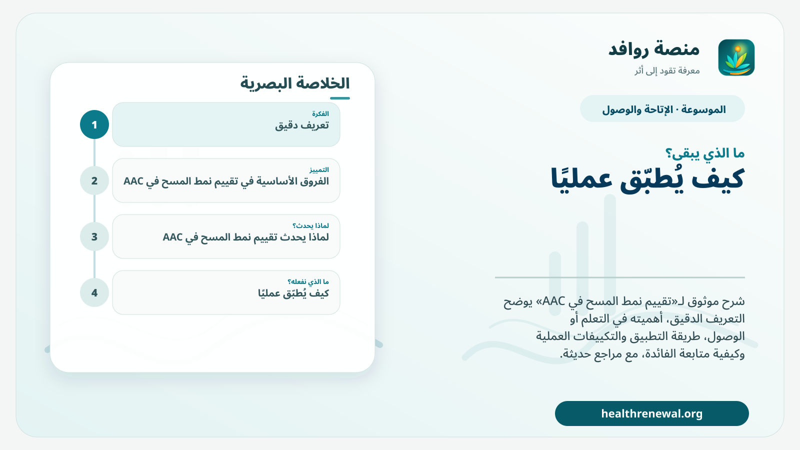 مخطط ختامي من منصة روافد يلخص «تقييم نمط المسح في AAC» ويعرض أهم المحاور والخطوات التالية