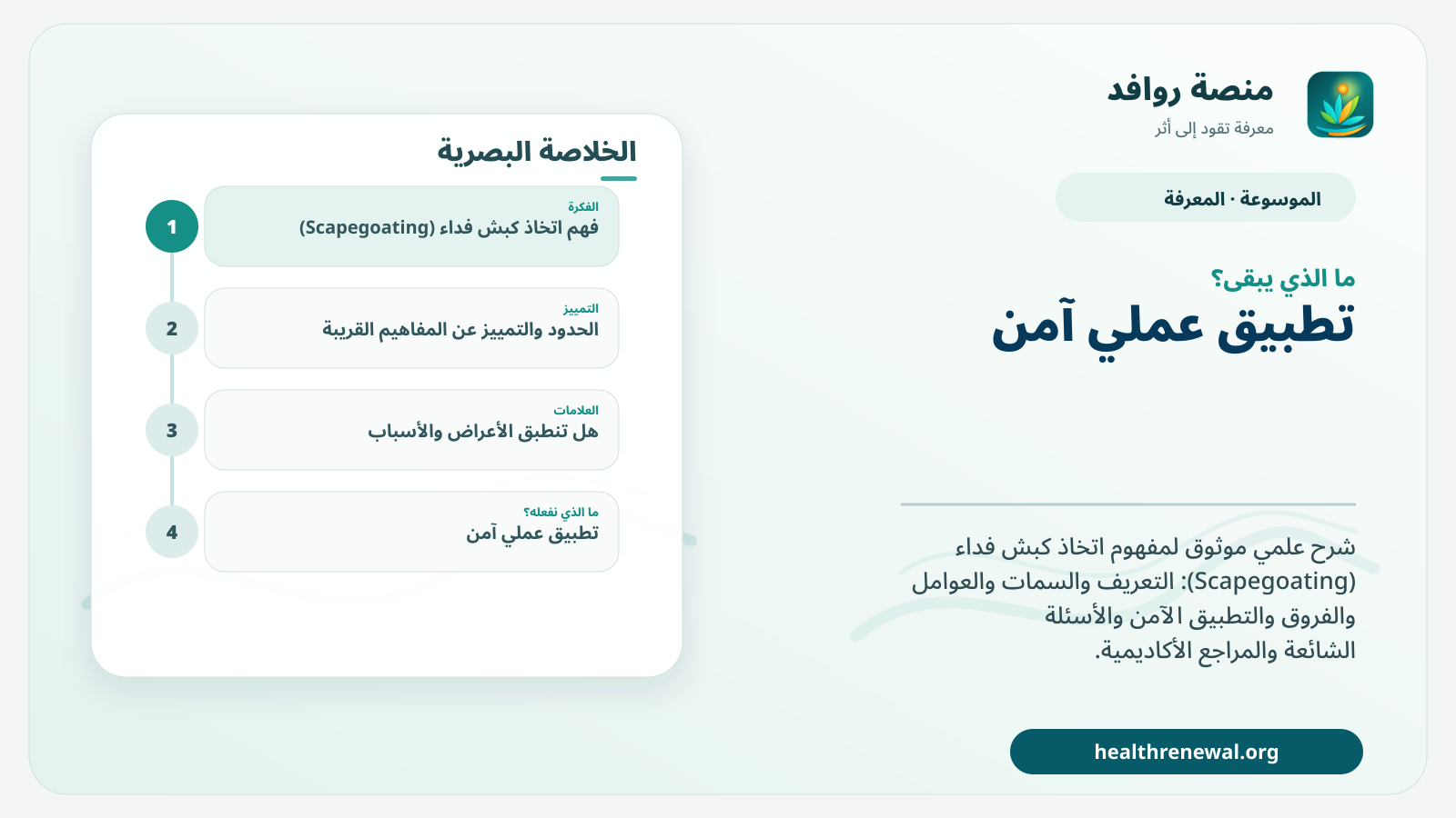 مخطط ختامي من منصة روافد يلخص «اتخاذ كبش فداء (Scapegoating)» ويعرض أهم المحاور والخطوات التالية