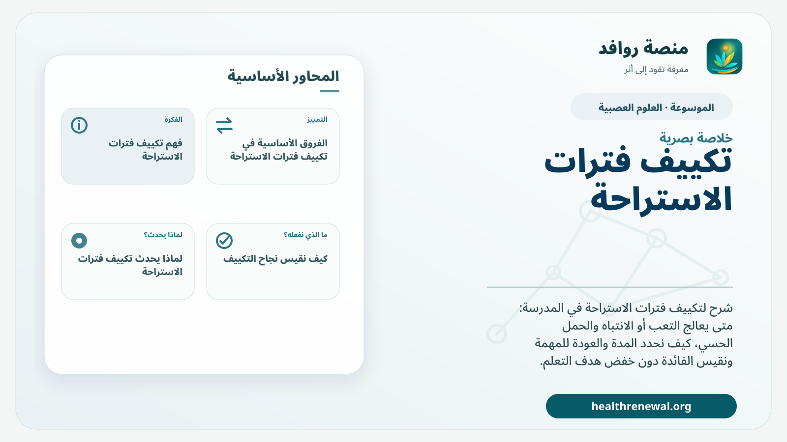 صورة بارزة من منصة روافد تلخص «تكييف فترات الاستراحة» بصريًا وفق محاور الصفحة الأساسية