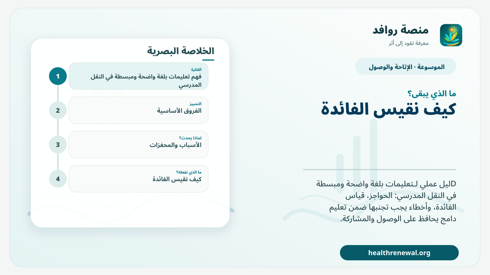مخطط ختامي من منصة روافد يلخص «تعليمات بلغة واضحة ومبسطة في النقل المدرسي» ويعرض أهم المحاور والخطوات التالية
