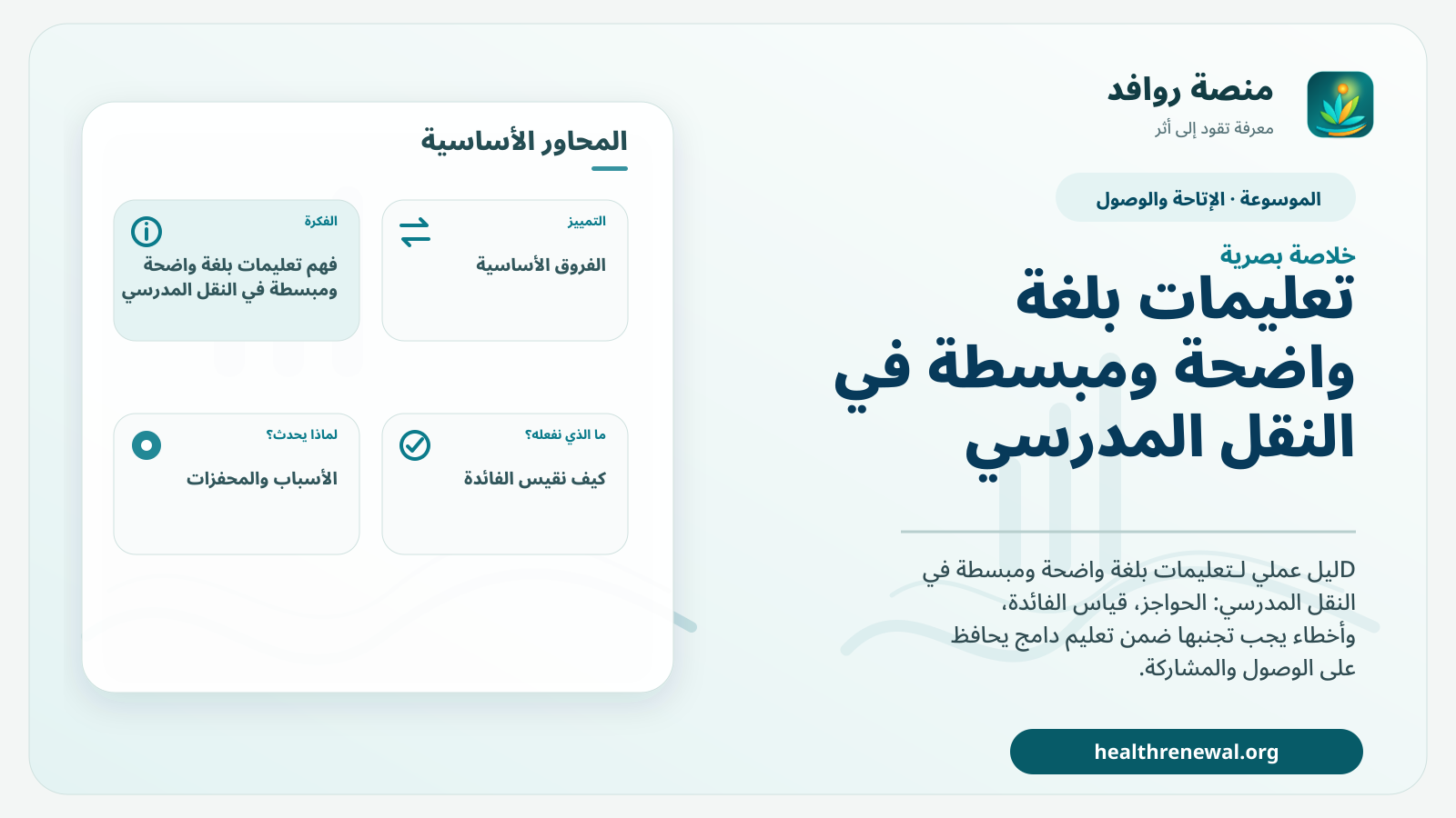 صورة بارزة من منصة روافد تلخص «تعليمات بلغة واضحة ومبسطة في النقل المدرسي» بصريًا وفق محاور الصفحة الأساسية