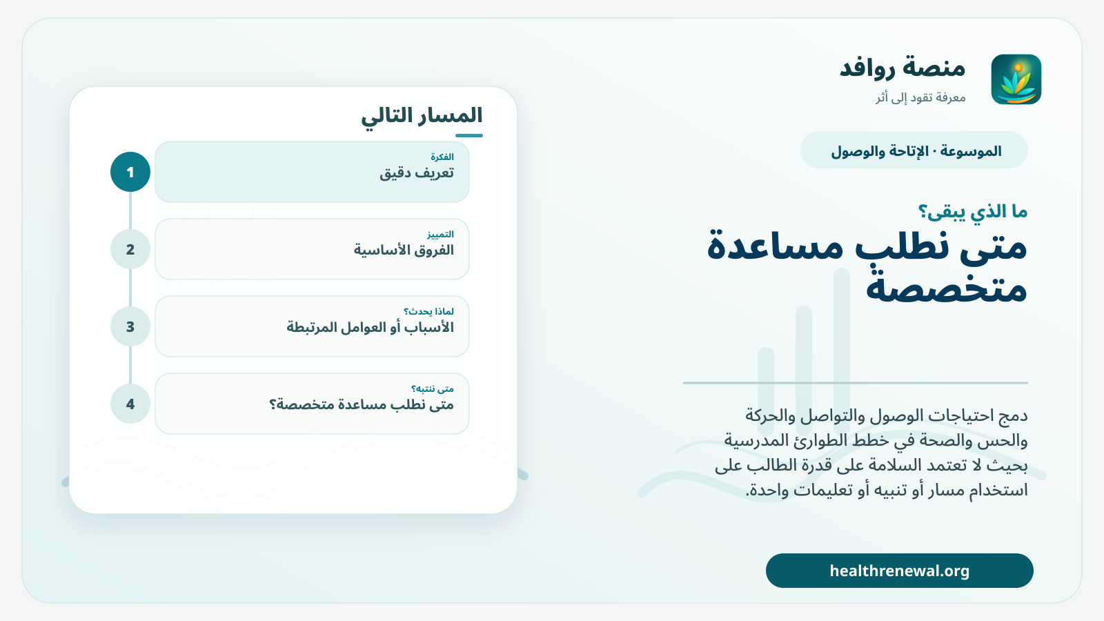 مخطط ختامي من منصة روافد يلخص «التخطيط المدرسي للطوارئ مع الاحتياجات الخاصة» ويعرض أهم المحاور والخطوات التالية
