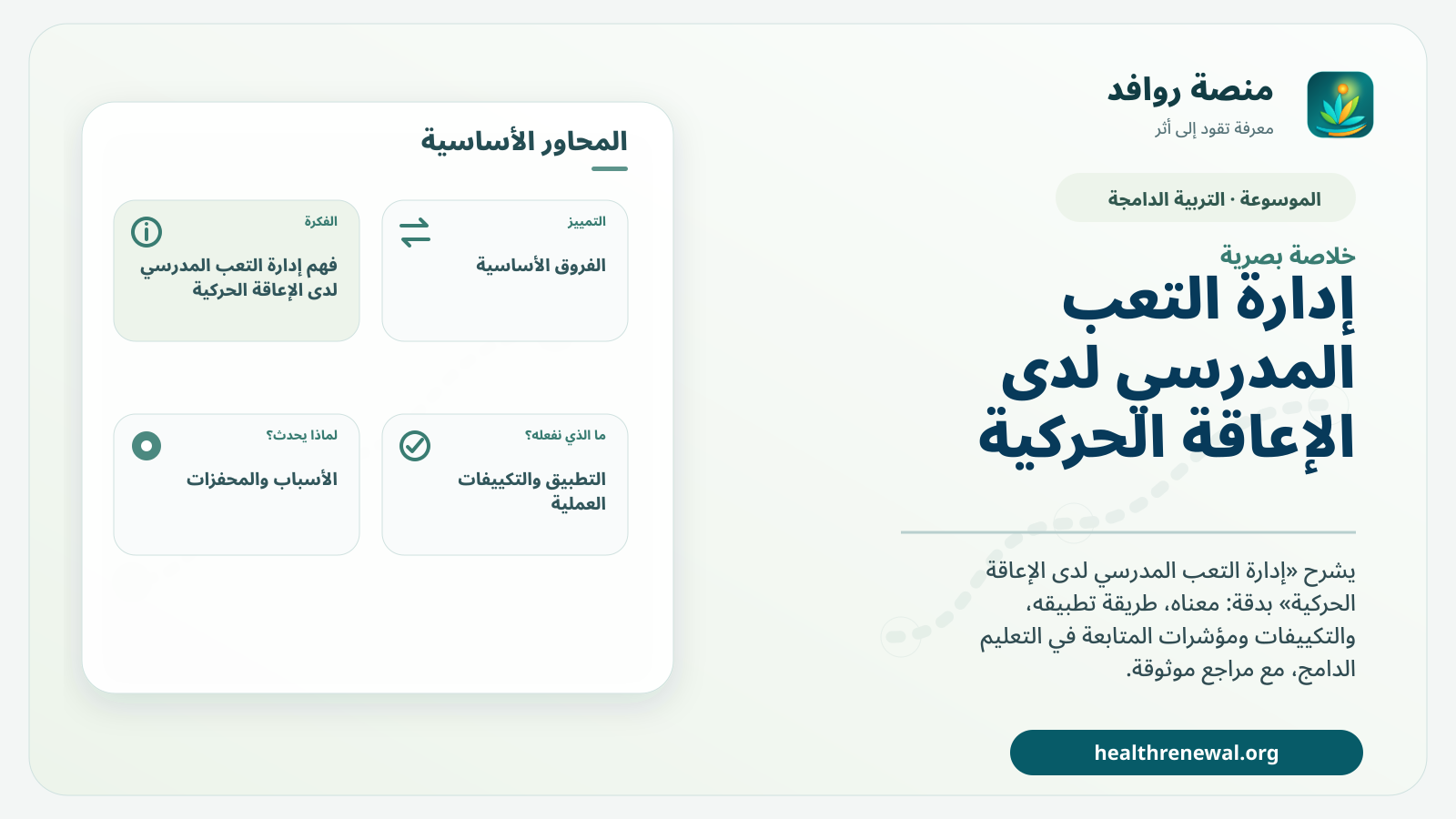 صورة بارزة من منصة روافد تلخص «إدارة التعب المدرسي لدى الإعاقة الحركية» بصريًا وفق محاور الصفحة الأساسية