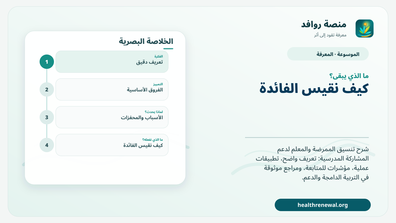 مخطط ختامي من منصة روافد يلخص «تنسيق الممرضة والمعلم لدعم المشاركة المدرسية» ويعرض أهم المحاور والخطوات التالية