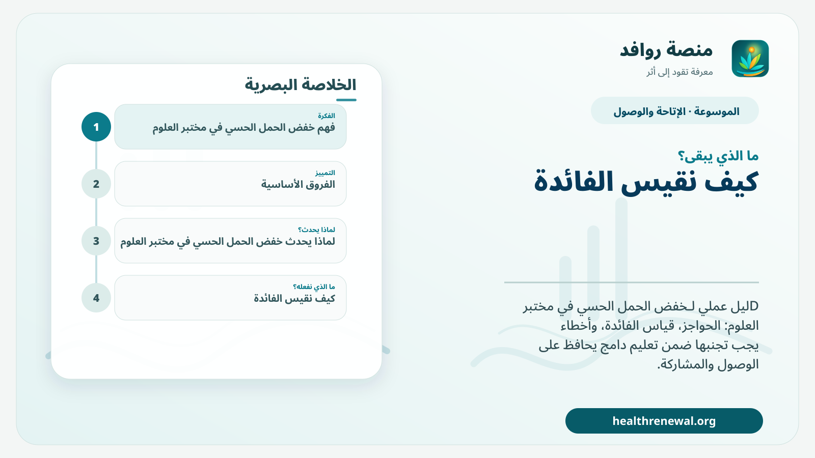 مخطط ختامي من منصة روافد يلخص «خفض الحمل الحسي في مختبر العلوم» ويعرض أهم المحاور والخطوات التالية