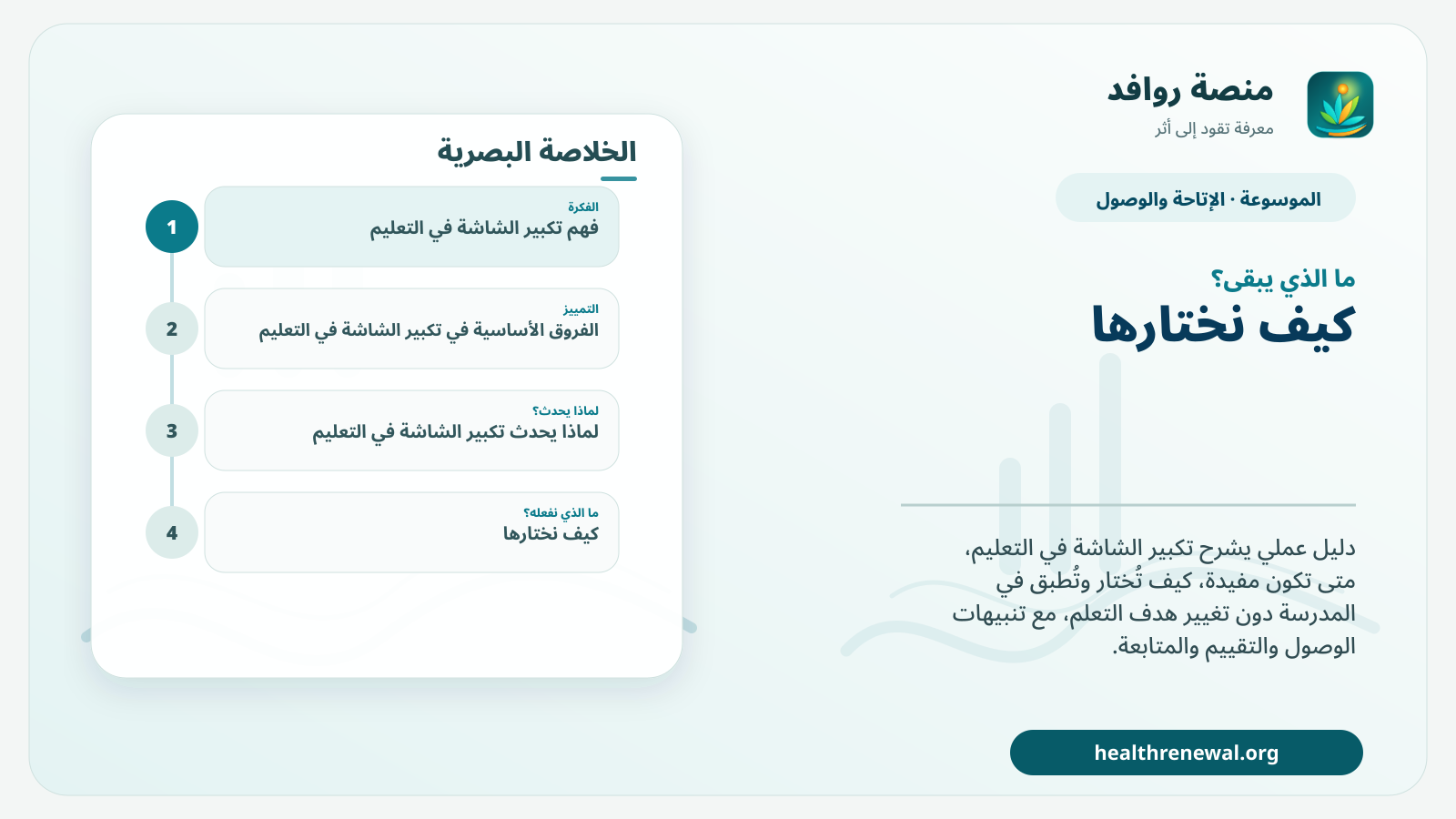 مخطط ختامي من منصة روافد يلخص «تكبير الشاشة في التعليم» ويعرض أهم المحاور والخطوات التالية