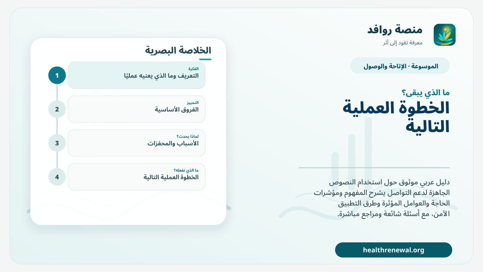 مخطط ختامي من منصة روافد يلخص «استخدام النصوص الجاهزة لدعم التواصل» ويعرض أهم المحاور والخطوات التالية