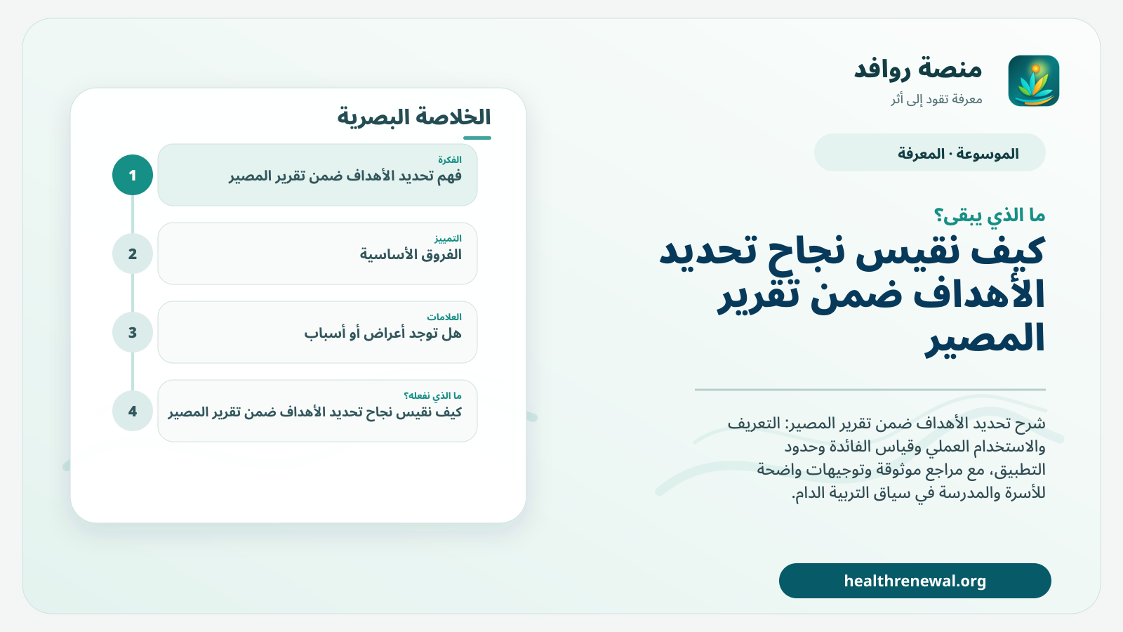 مخطط ختامي من منصة روافد يلخص «تحديد الأهداف ضمن تقرير المصير» ويعرض أهم المحاور والخطوات التالية