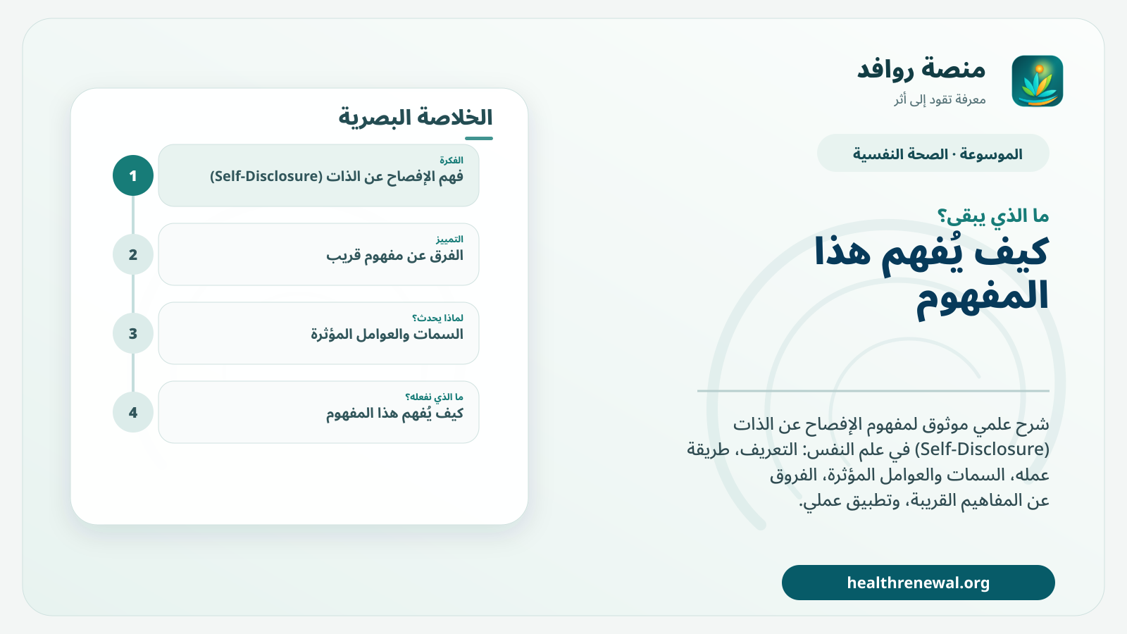مخطط ختامي من منصة روافد يلخص «الإفصاح عن الذات (Self-Disclosure)» ويعرض أهم المحاور والخطوات التالية