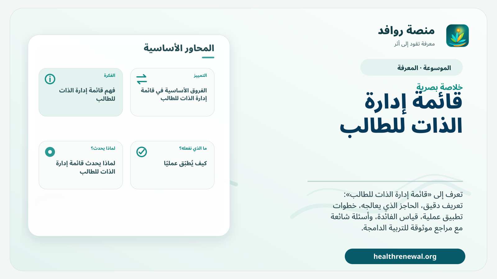 صورة بارزة من منصة روافد تلخص «قائمة إدارة الذات للطالب» بصريًا وفق محاور الصفحة الأساسية