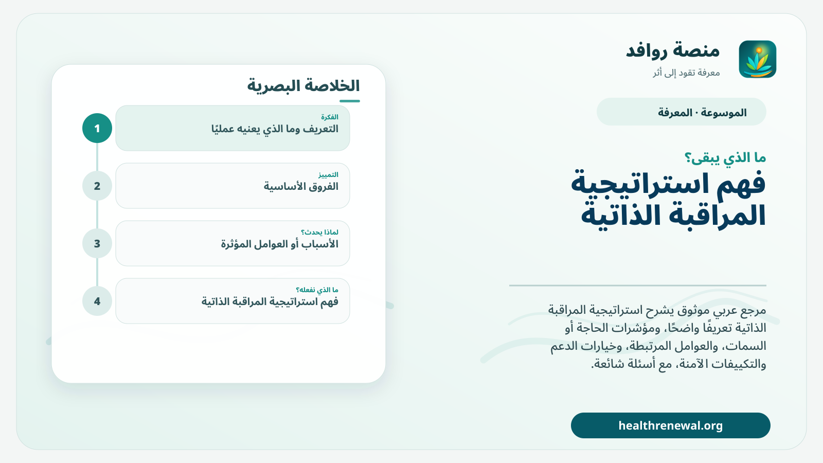 مخطط ختامي من منصة روافد يلخص «استراتيجية المراقبة الذاتية» ويعرض أهم المحاور والخطوات التالية