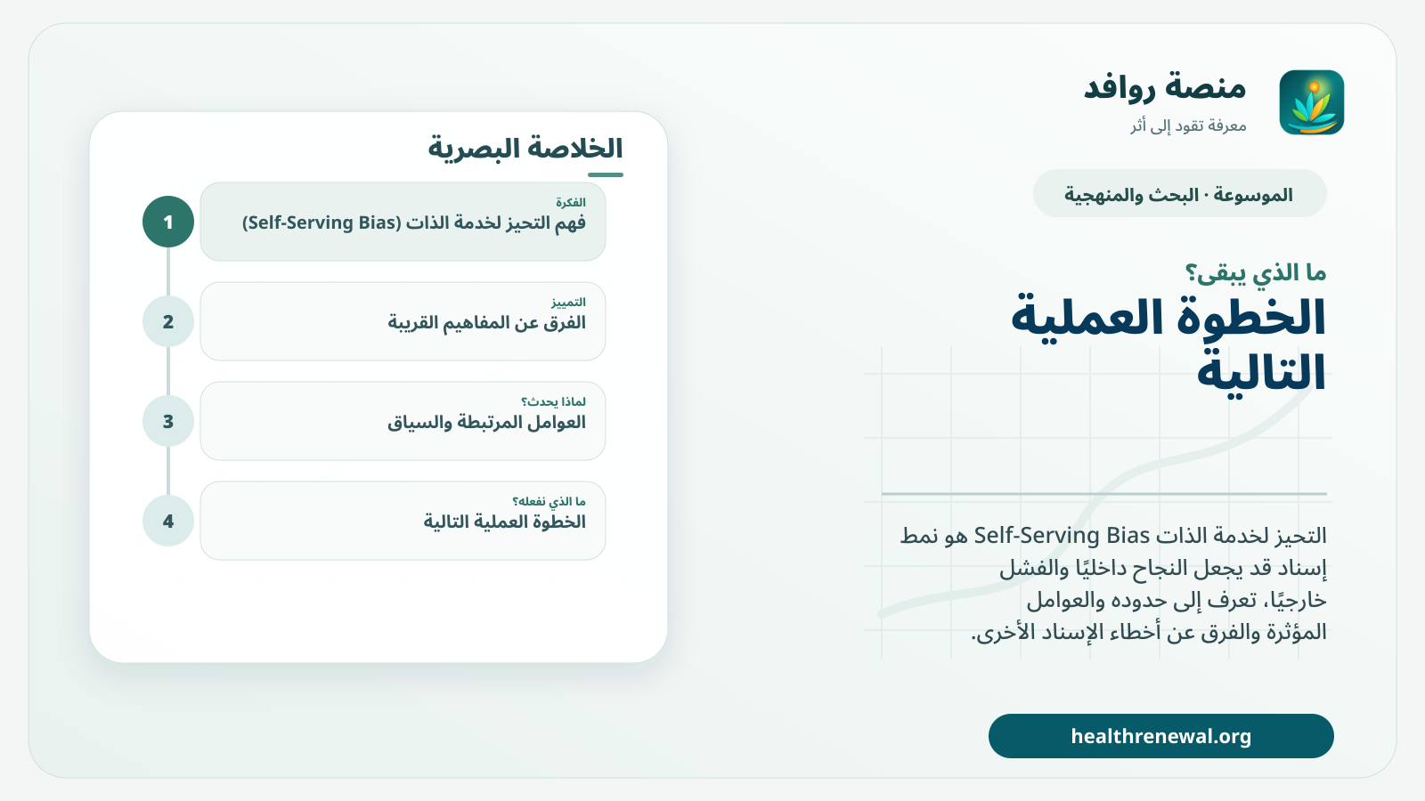 مخطط ختامي من منصة روافد يلخص «التحيز لخدمة الذات (Self-Serving Bias)» ويعرض أهم المحاور والخطوات التالية