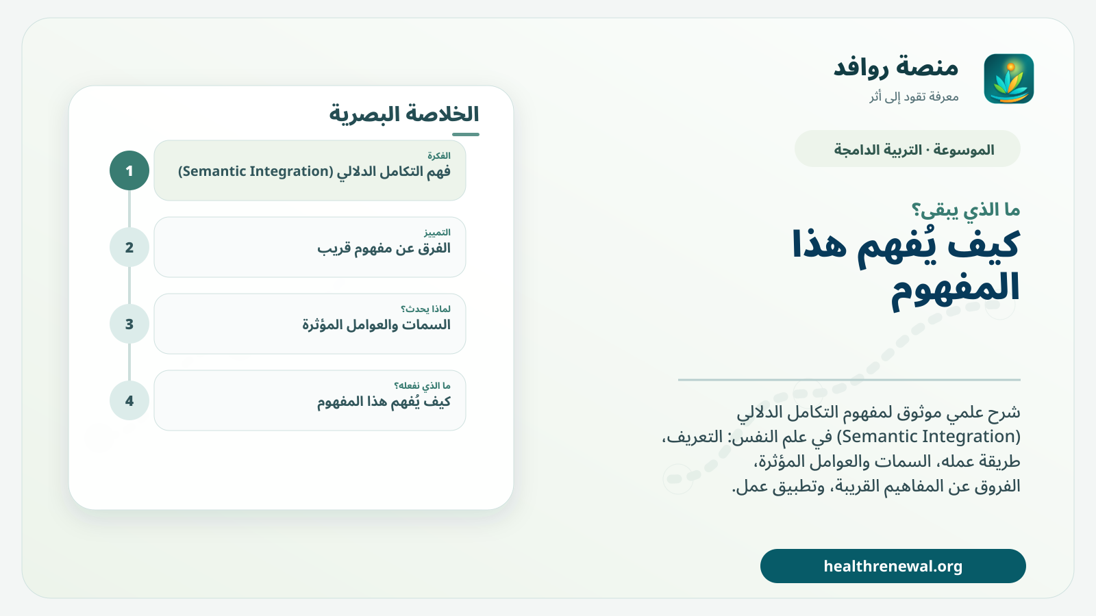 مخطط ختامي من منصة روافد يلخص «التكامل الدلالي (Semantic Integration)» ويعرض أهم المحاور والخطوات التالية