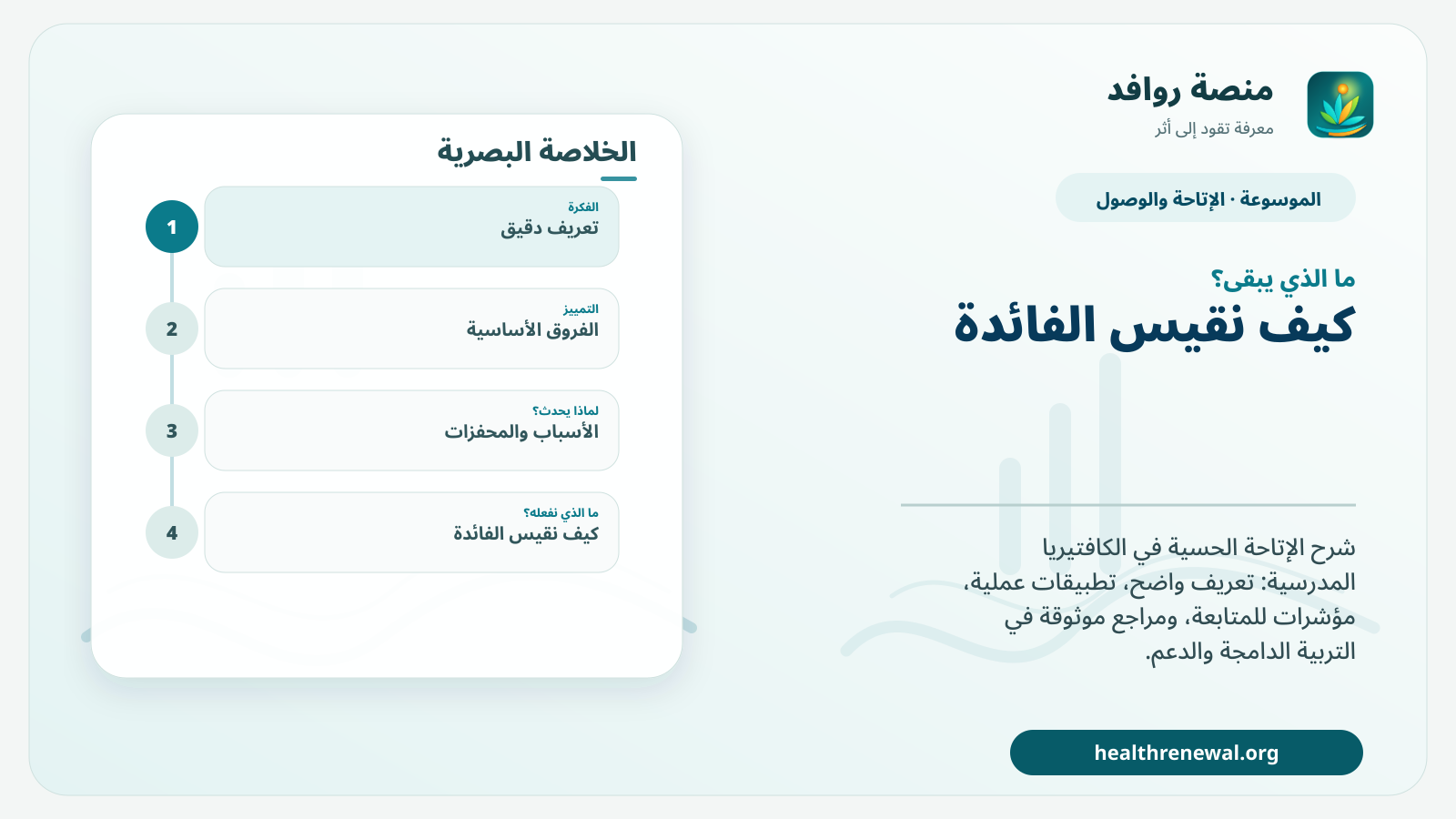 مخطط ختامي من منصة روافد يلخص «الإتاحة الحسية في الكافتيريا المدرسية» ويعرض أهم المحاور والخطوات التالية