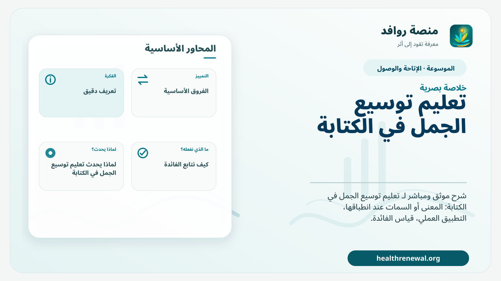 صورة بارزة من منصة روافد تلخص «تعليم توسيع الجمل في الكتابة» بصريًا وفق محاور الصفحة الأساسية